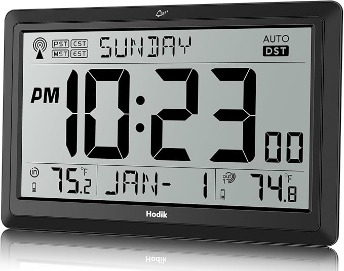 Wall Clock Atomic with Indoor Outdoor Temperature Battery Powered, Easy Reading with 10.5 Inch Large LCD Display, 330FT Range Table Wall Clock with DST, 12/24 Hour for Living Room Kitchen (Black)