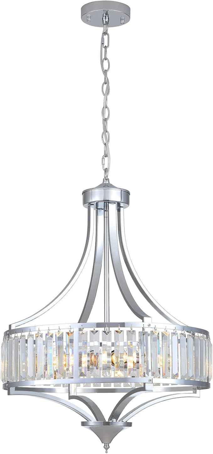 Modern Chrome Crystal Chandelier, 20 Inch Large Ceiling Pendant Light Fixture with 50'' Adjustable Hanging Chain, 5-Light Farmhouse Chandelier for Dining Room, Living Room, Bedroom, Entryway