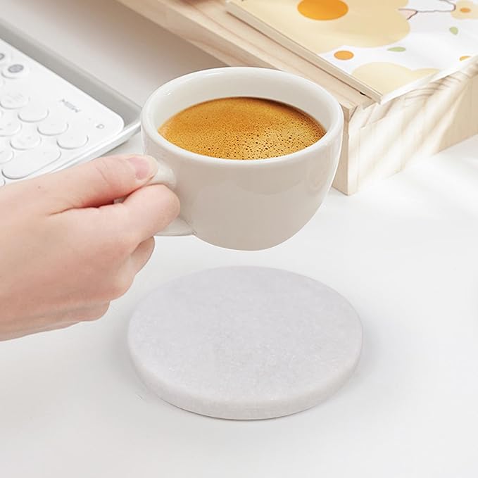 White Marble Coasters with Bling Particles, Set of 6 - Natural Marble Stone Drink Coaster with Protective Silicone Feet, 4 inch Diameter, 0.4 inch Thick - Heat-Resistant Coasters for Coffee Table