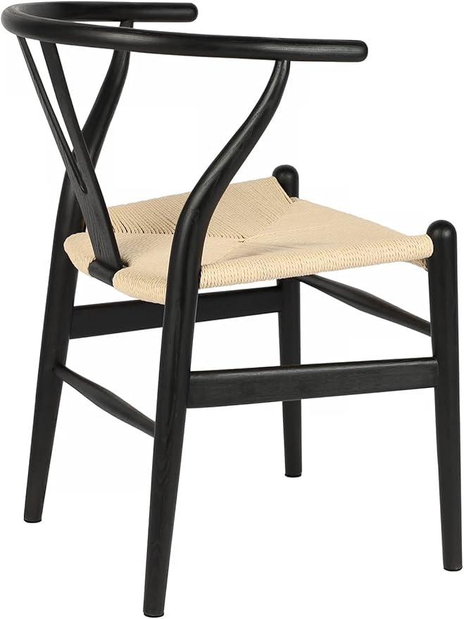 Tomile Solid Wood Wishbone Chair Y Chair Mid-Century Armrest Dining Chair, Hemp Seat (Ash Wood - Black with Natural seat.)