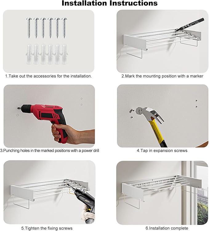 Wall Mounted Drying Rack, Foldable Laundry Rack, Collapsible Drying Rack, 5 Stainless Rods, Wall Mounted Clothing Rod with 2 Towel Bar, 90 lb Capacity, 31.5" White