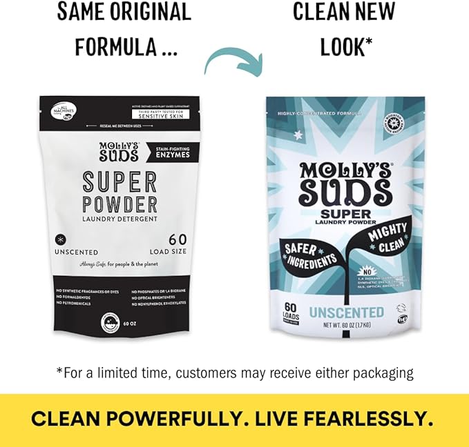 Molly's Suds Unscented Super Powder Detergent | Extra Strength Laundry Soap, Stain Fighting | Sensitive Skin | Simple, Effective Ingredients | 60 Loads