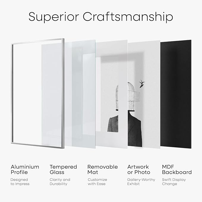 Homeforia Silver 14x14 Picture Frame, High End Metal 14 x 14 Square Frame with Mat 12 x 12 Photo, 14x14 Poster Frames Matted to 12x12 Print, 14 by 14 Hanging Frames, Tempered Glass, Wall Kit, Set of 1