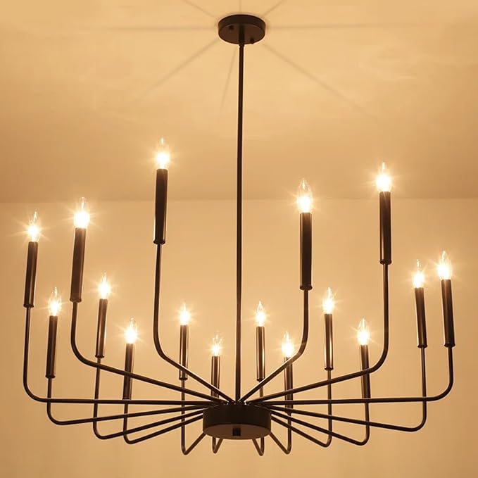 Modern Black Farmhouse Chandeliers, 16-Light Industrial Metal Chandelier Lighting, Classic Candle Hanging Pendant Light Fixtures for Kitchen Island, Living Room, Dining Room, Stair