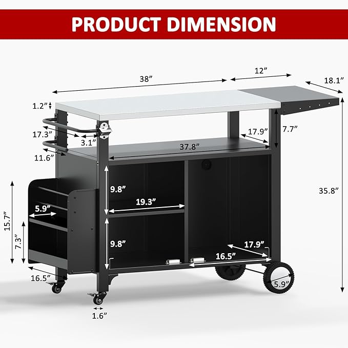 Outdoor Grill Cart with Wheels, Outdoor Kitchen Bar Cart Mobile BBQ with Foldable Stainless Steel Top & Storage Cabinet