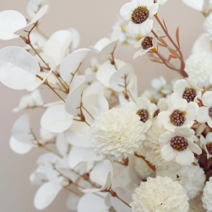 White Artificial Flowers Bulk for Vase That Look Real, White Flower Centerpiece for Table, Silk Floral for Home Decor Indoor, Faux Kiku + Eucalyptus Stems + Wildflowers, Flores Blancas Artificiales
