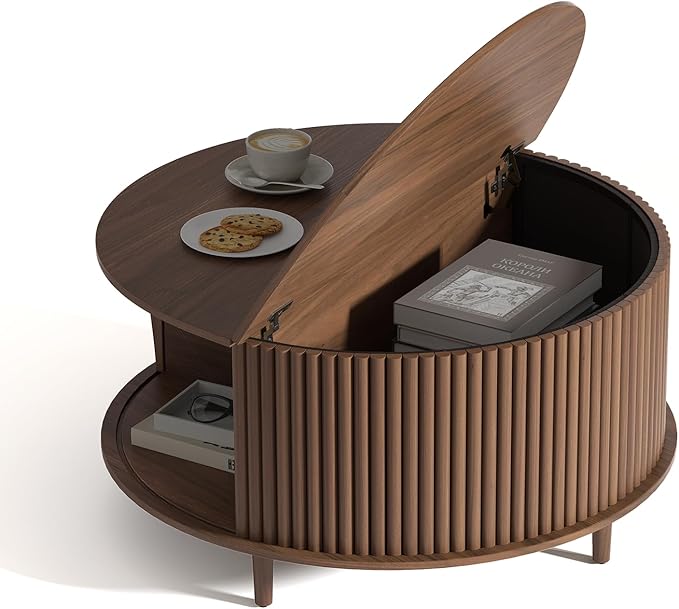 Round Coffee Table with Storage,Fluted Center Table with Sliding Cabinet Door for Living Room,Home Small Space,31.5" Small Center Table,Walnut