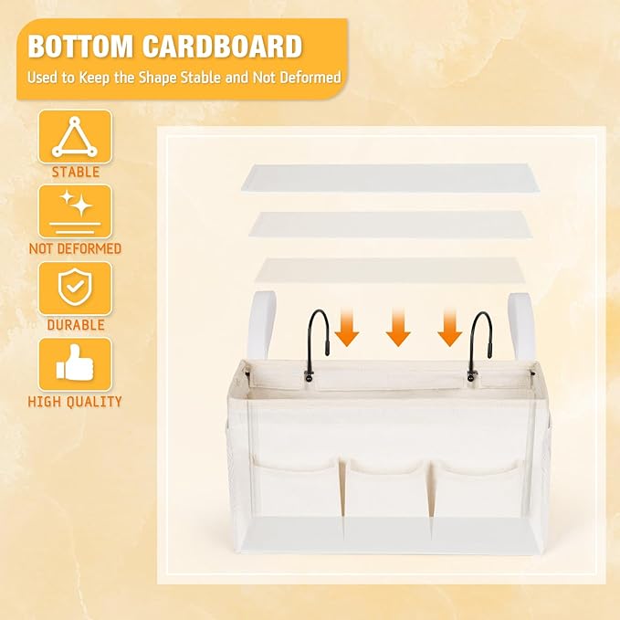 Bedside Caddy Bedside Organizer Bedside Storage Caddy with Fixed Straps and Water Bottle Holder for Home College Dorm Bunk Bed Hospital Bed Crib Bed Rails (White)