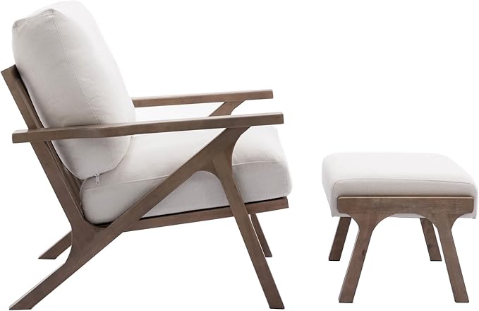 Wahson Set of 2 Mid Century Arm Chairs and Ottomans, Upholstered Accent Armchair with Wood Frame and Linen Cushions, Leisure Slipper Chair for Living Room/Bedroom, Cream