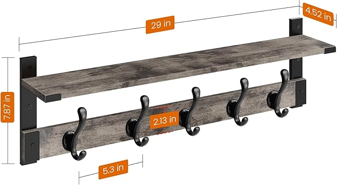 Homode Coat Rack Wall Mount with Shelf, 29 Inch Wood Wall Shelf with Hooks, Entryway Coat Hanger Wall Mount with 5 Hangers for Bathroom, Bedroom, Living Room, Grey