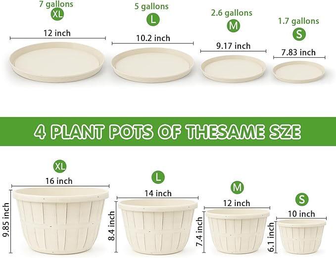 Quarut Plant Planters Pots Set of 4 Pack 16 Inch,Large Plastic Flower Pot for Indoor Plants with Drainage Holes & Trays, Whiskey Barrel Planters with Saucer for House Outdoor Garden Plant(White)