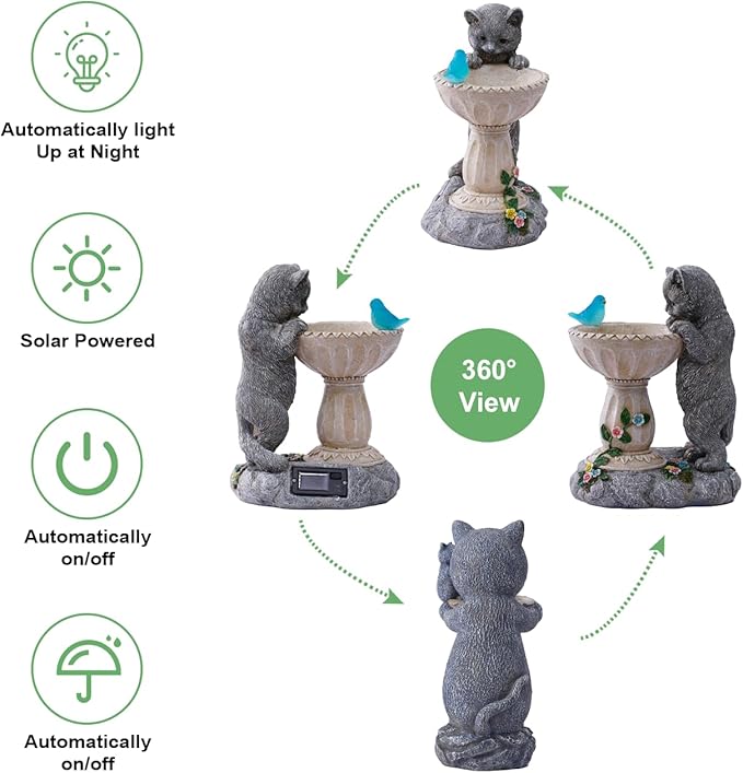 Solar Cat Statues for Bird Bath: Outdoor Sculptures for Garden Lawn Patio Yard Balcony Porch - Unique Gifts for Mother Grandma Women