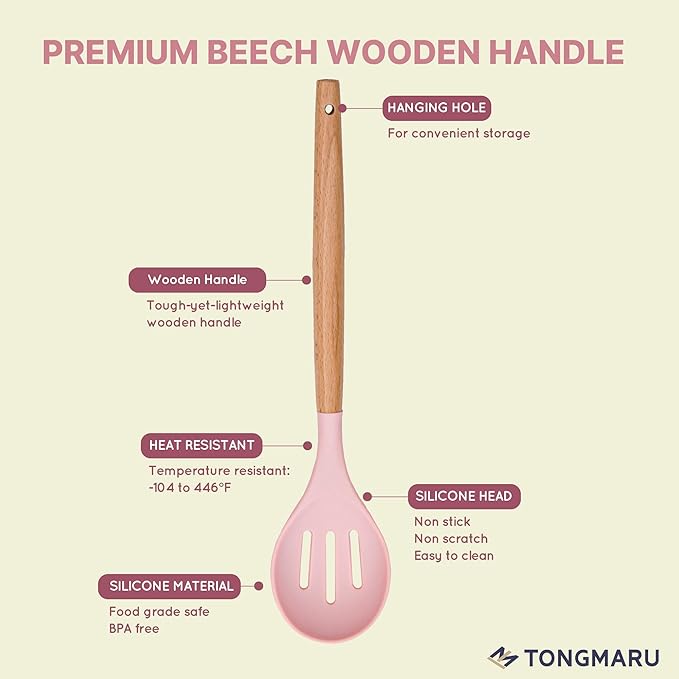 Silicone Cooking Utensils Set, Premium Beech Wood Handle Kitchen Gadgets Utensil Set, Non-Stick Kitchen Utensils Spatula, Tongs, Turner, Whisk, Brush, Spoon, BPA FREE, 446°F Resistant (Pink)
