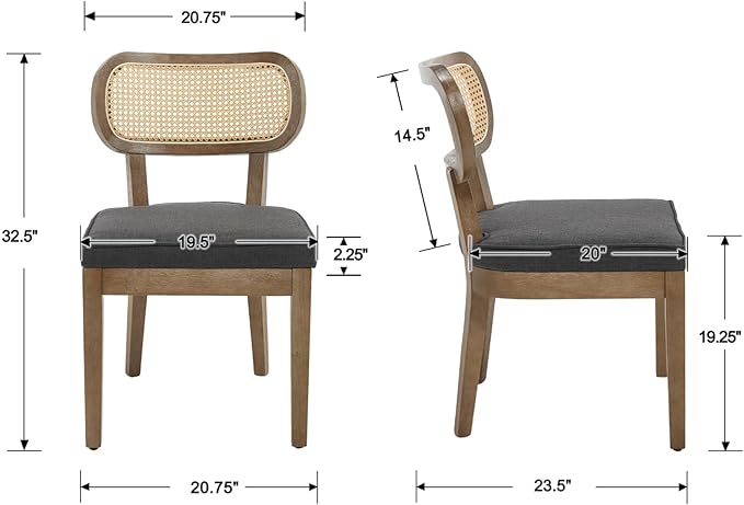 Rattan Dining Chairs Set of 6 Upholstered Linen Kitchen & Dining Room Chair with Curved Backrest Farmhouse Kitchen Chair Solid Wood Armless Side Chair for Dining Room/Restaurant, Black