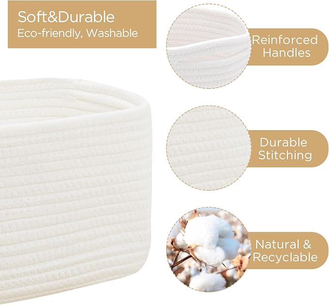 Small Cotton Rope Storage Basket Set of 3-11"x7"x7" Perfect Woven Baskets for Storage, Ideal Storage Baskets for Organizing Toys, Towels, and More - Baskets for Shelves and Home Decor(White)