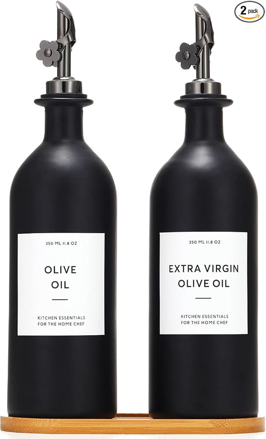 HOMCDALY Olive Oil Dispenser for Kitchen, 16oz Glass Oil Bottles with Bamboo Tray, Black Oil&Vinegar Cruet Set, Kitchen Dispenser Bottles with Pourer | Set of 2 (16oz – Black)