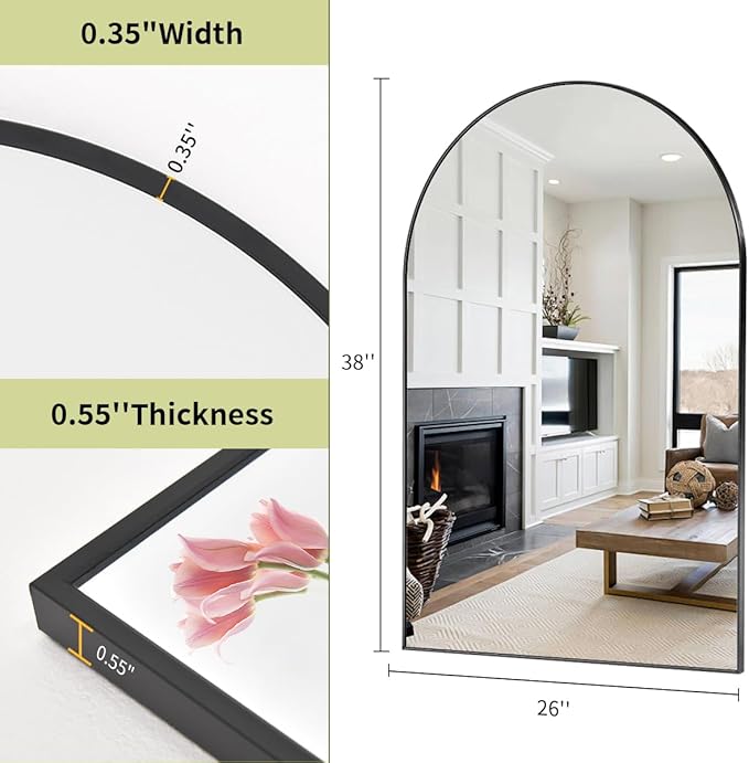 BEAUTYPEAK 26"x38" Arch Bathroom Mirror, Wall Mounted Vanity Metal Frame Mirror for Bedroom, Entryway, Living Room, Black