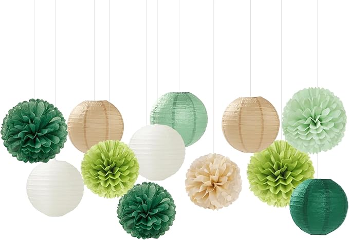 Sage Green-Boho Party-Decorations Paper Flowers Lanterns - 15PCS Birthday Gender Neutral Baby Shower Tissue Pom Poms Streamers, Champagne Gold Rustic Wedding Graduation Hanging Supplies Decor Hugfond