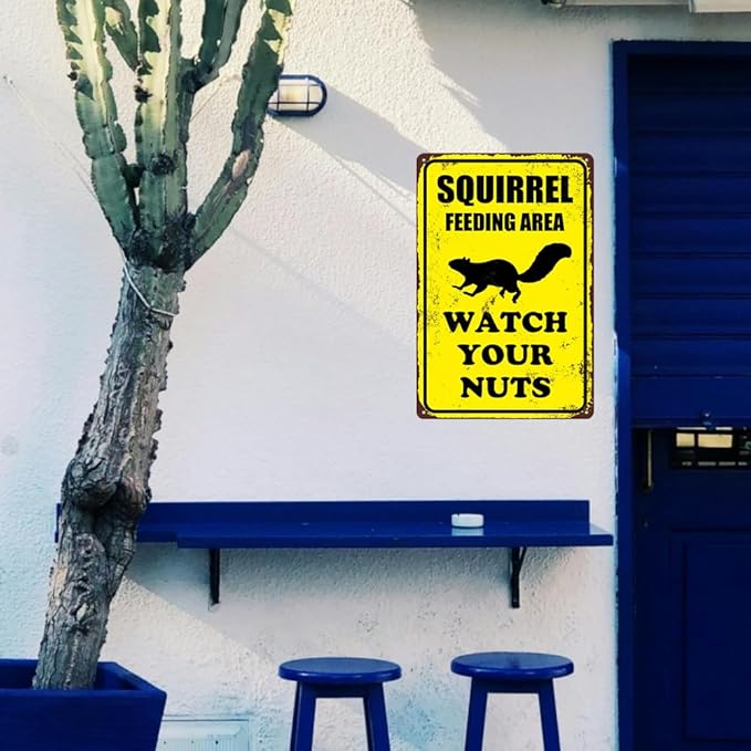 Squirrel Sign Funny Metal Sign Squirrel Feeding Area Watch Your Nuts Signs Vintage Tin Sign For Home Outdoor Garage Wall Decoration 8x12inch