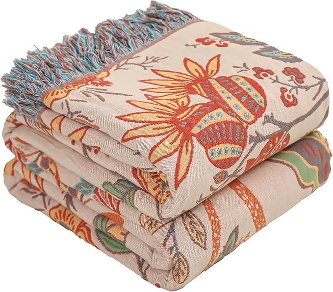 Boho Fall Throw Blanket for Bed,100% Ultra Cotton Soft Breathable Bed Throw Floral Printed Farmhouse Decor Rustic Bed Throws for Couch Sofa Quilt 60" x 80"-Orange& Sage Green