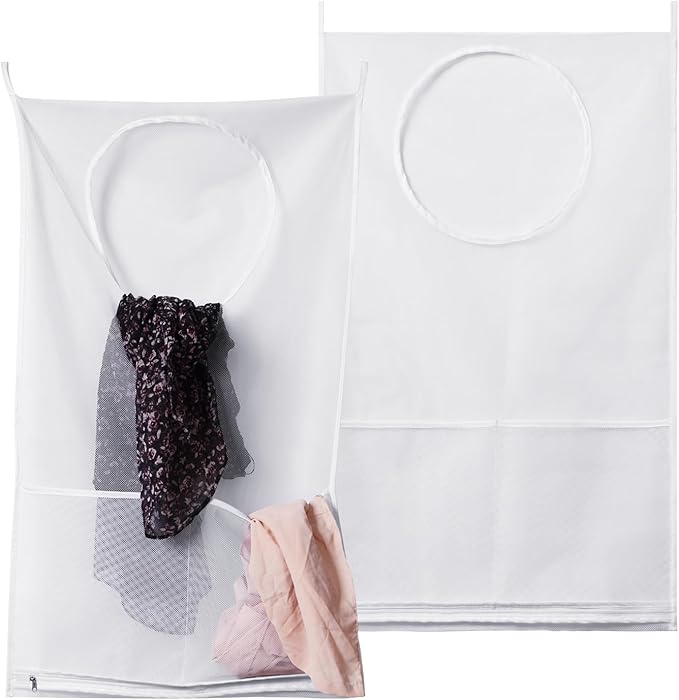 Saves Space Door-Hanging Laundry Bag,Door Hanging Laundry Hamper with 2 Different Types of Hooks, Polyester Fabric Hanging Laundry Basket for Clothes Size 22"X37" -2 Pack White