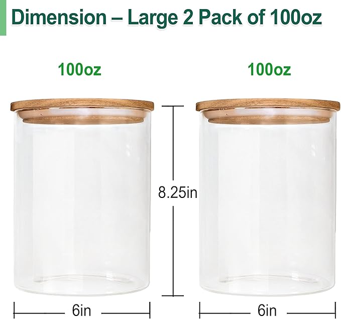 Urban Green Glass Jars with Airtight Lids, Airtight Glass Canisters set, Large Food Storage Containers with Wood Lids, 2 Pack of 100oz, Dry Food Pantry Jars, Flour Containers