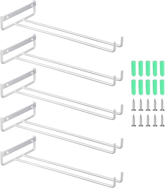 uxcell 5Pcs Wine Glass Rack, 10.43 Inch Iron Wine Glasses Rack Under Cabinet Stemware Rack - Wall Mountable Wine Glass Holder Storage Hanger for Bars Coffee Restaurants Kitchens, Silver