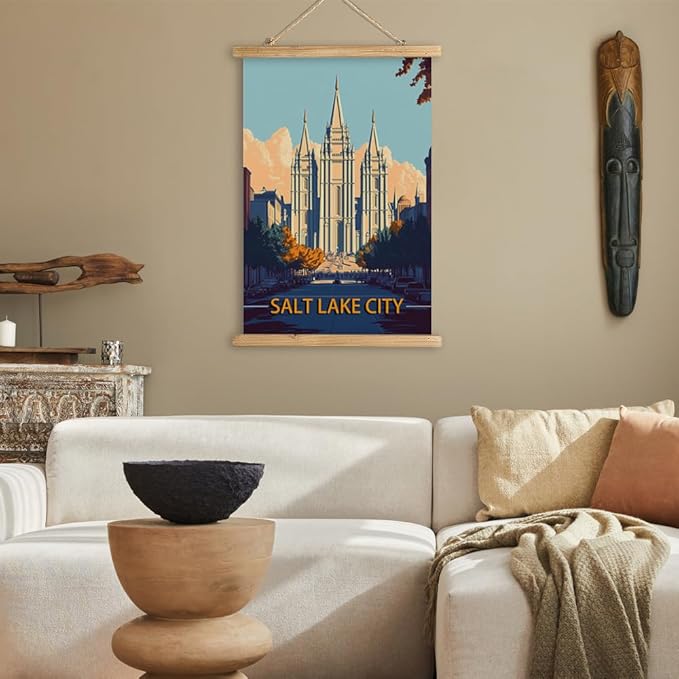 WREVERW Vintage Salt Lake City Poster Canvas Print with Wooden Hanger Frame, Featuring the Historic Salt Lake Temple, Wall Art for Home and Office Decor, 16x23 inches