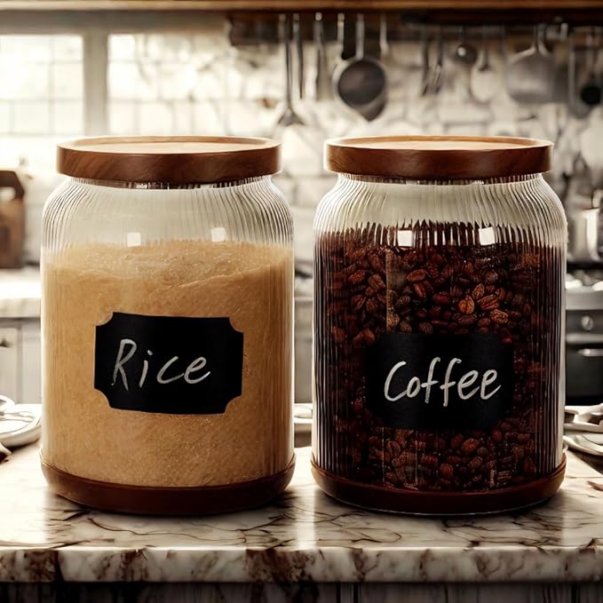 SAIOOL 2-Pack Striped Borosilicate Glass Airtight Canisters - Big mouth Large Capacity, Acacia Wood Lid, Food Storage Jars for Flour, Pasta, Pantry Organization (3/4 Gallon (2 Striped pack))