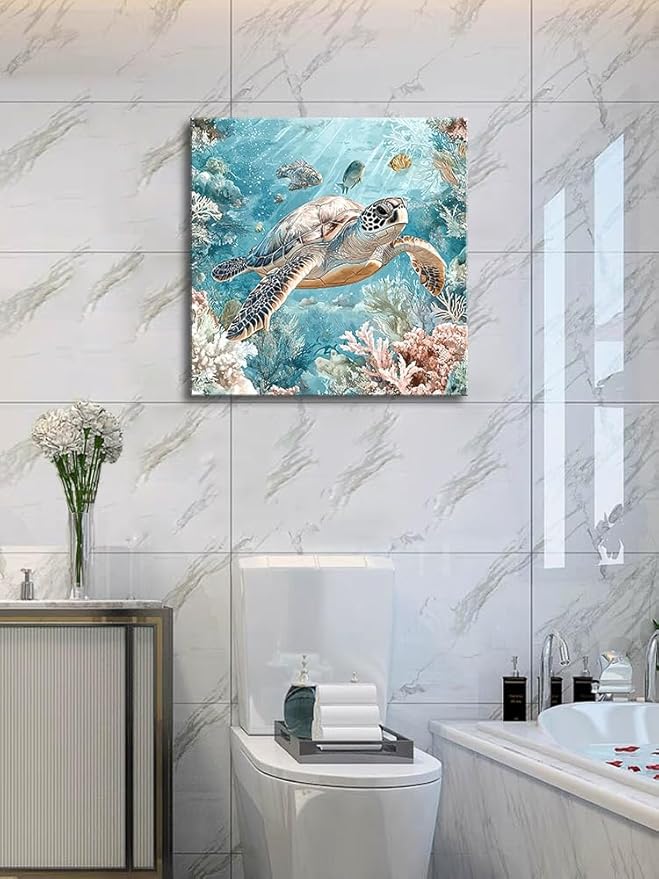 Sea Turtle Bathroom Wall Decor Ocean Theme Framed Canvas Wall Art Coastal Nautical Prints Picture Watercolor Coral Marine Life Painting for Kid Bedroom Living Room Home Decoration 14x14â