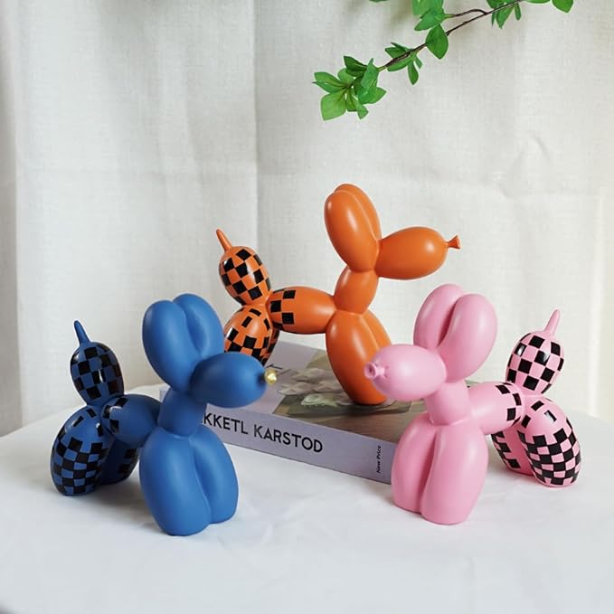 Vilead Resin Balloon Dog Statue with Checkered Pattern,Modern Home Decoration Trendy Animal Art Ornaments,Collection Figurine Bedroom Living Room Office Desktop Sculpture