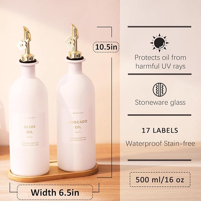 HOMCDALY Olive Oil Dispenser for Kitchen, 16oz Glass Oil Bottles with Bamboo Tray, Gold Oil&Vinegar Cruet Set, Kitchen Dispenser Bottles with Pourer | Set of 2 (16oz – Gold)