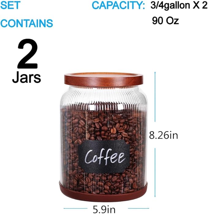 SAIOOL 2-Pack Striped Borosilicate Glass Airtight Canisters - Big mouth Large Capacity, Acacia Wood Lid, Food Storage Jars for Flour, Pasta, Pantry Organization (3/4 Gallon (2 Striped pack))