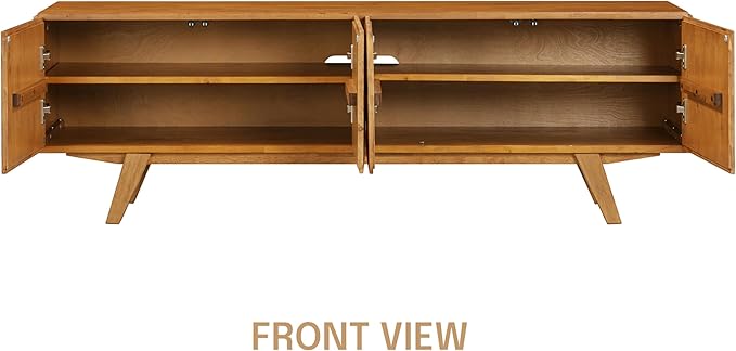 NTC Sapa Mid-Century Modern Solid Wood TV Stand 4-Door Media Console with Carved Geometric Fronts for TVs up to 75", Effortless Assembly, Teak Look