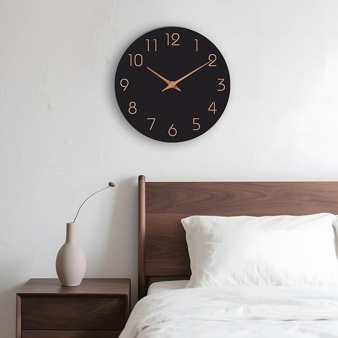 Mosewa Wall Clock 8 Inch Black Battery Operated Silent Non Ticking Simple Minimalist Rose Gold Numbers Decorative for Bedroom Living Room Kitchen Home Bathroom Office