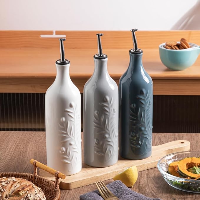 Sweejar Large Olive Oil Dispenser Bottle with Spout, 24 Oz Ceramic Oil Dispenser for Kitchen, Relief Opaque Oil Cruet, Oil Container for Cooking, EVOO, Avocado Oil, Vinegar, Pack of 1 (White)