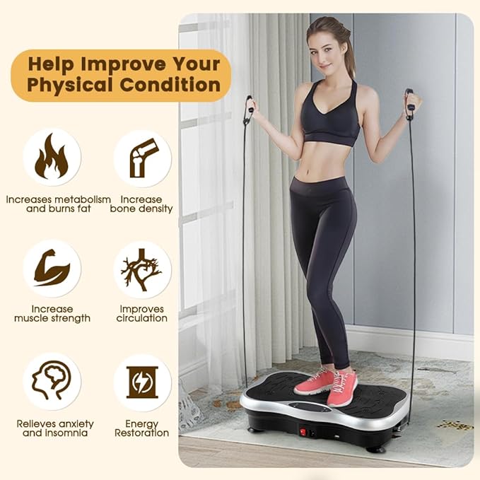Vibration Plate Exercise Machine for Whole Body Workout - Home Fitness Vibrating Platform with Resistance Bands - Improve Circulation, Muscle Tone & Bone Density - Supports Up to 330 lbs