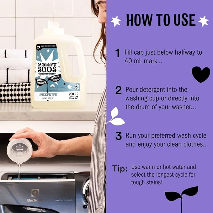 Molly's Suds Liquid Laundry Detergent | Clean Laundry Detergent Soap for Sensitive Skin | 2x Concentrated, High Efficiency (HE) (Lavender - 200 Loads)