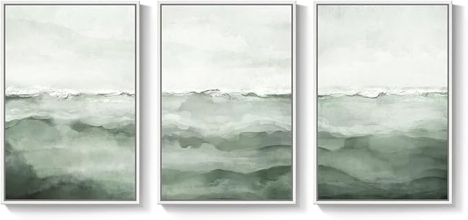 Large Framed Sage Green Abstract Landscape Wall Art for Living Room, 3 Piece Modern Canvas Prints Paintings Artwork for Walls, Minimalist Abstract Pictures for Hallway, Office Wall Decor 24x36 In
