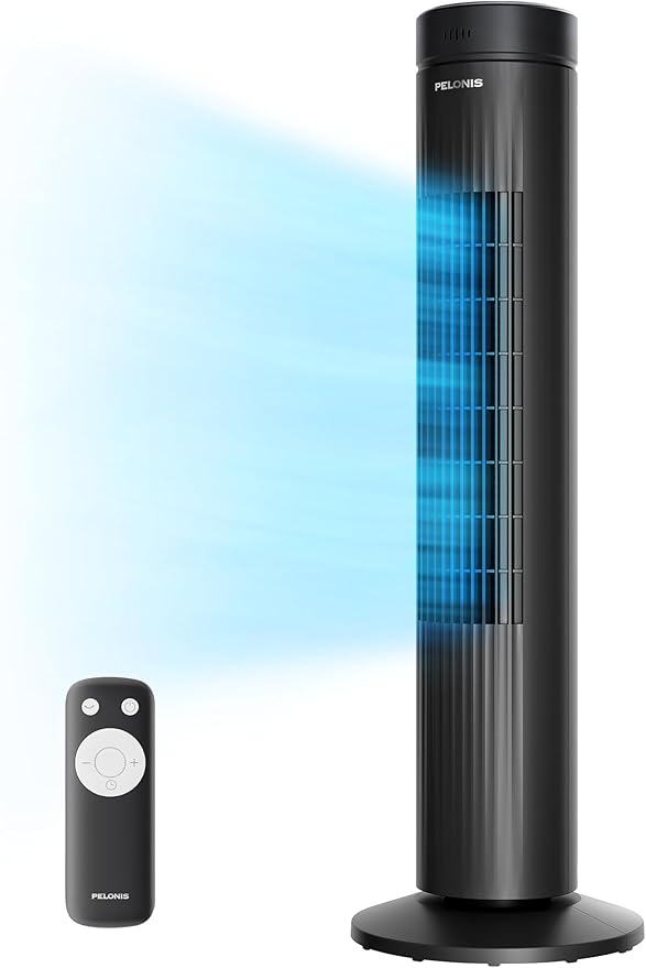 Pelonis 30-Inch Oscillating Tower Fan for Bedroom – 3 Speed, Quiet Tower Fan with Remote ControL, Small Fan, 7-Hour Timer – ETL Certified, Black
