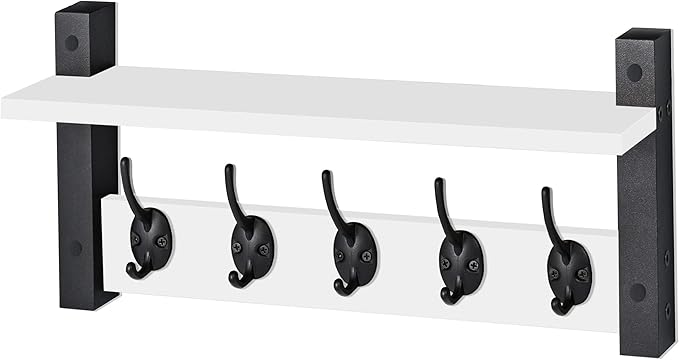 Sorbus Coat Hooks Wall Mount with Shelf – 16 Inch Coat Rack Wall Mount with 5 Heavy Duty Hooks – Floating Wall Shelf with Hooks for Entryway, Bathroom, Bedroom, Kitchen, or Mudroom (White)