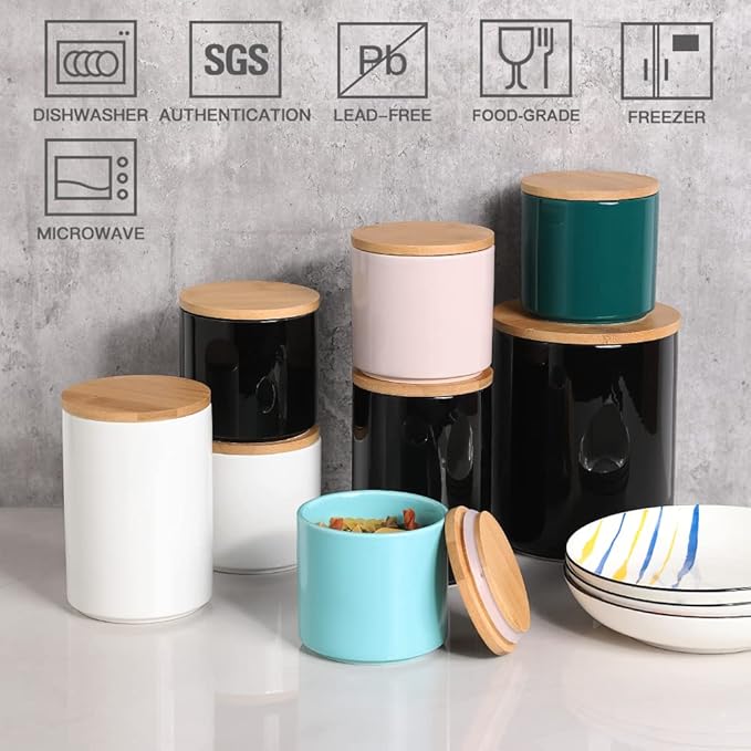 Sweejar Ceramic Kitchen Canister Sets, Porcelain Container for Countertop, Heavy Food Storage Jars with Airthight Seal Bamboo Lid, Servering for Sugar, Coffee Beans, Tea Leaves, Pack of 4(Jade)
