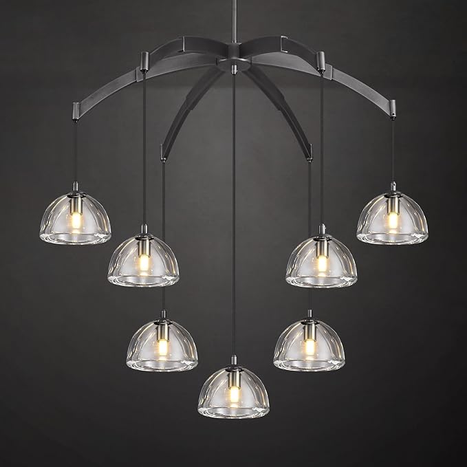 Modern Crystal Chandeliers, Black Round Chandelier for Dining Room, Large Arc Chandelies for Living Room, 7-Light Dining Room Light Fixture 34" Pendant Light Chandelier for Staircase Bedroom