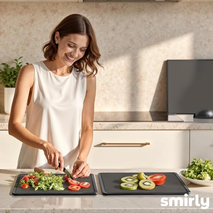 SMIRLY Plastic Cutting Board Set with Holder 4 Pieces, Non-Slip Dishwasher Safe Chopping Boards for Kitchen, Dark Grey