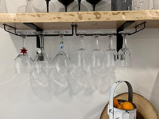 14-Inch Black Wine Glass Rack, Under Cabinet Wine Glass Holder Stainless Steel Stemware Rack - Hanging Stemware Holder for Cabinet Kitchen Bar, Set of 4