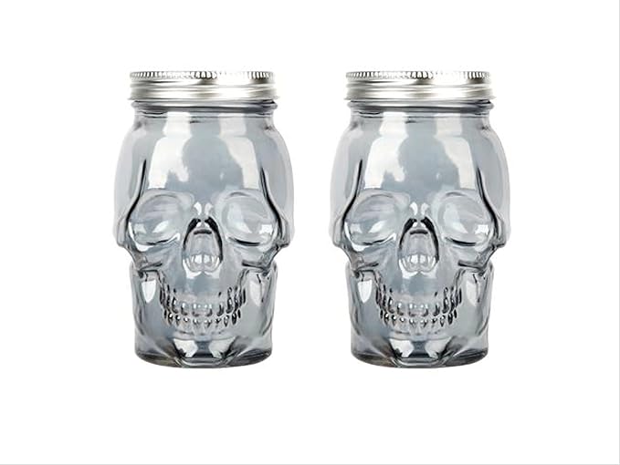 Set of 2 Skull Mason Jar Glasses with Lids | 16oz Reusable Halloween Drinking Glasses | Unique Skull Décor, Storage, & Canning Jars for Parties & Gifts