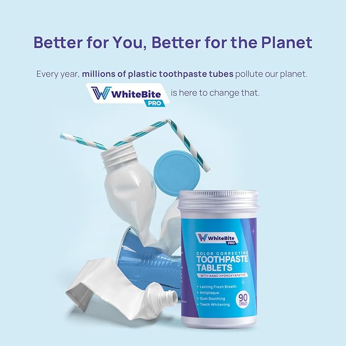 Whitebite Pro Color Correcting Toothpaste Tablets with Nano Hydroxyapatite | Fresh Breath & Natural Whitening | Travel-Friendly Toothpaste & Mouthwash | Fluoride and Plastic-Free (Peppermint, 2PK)