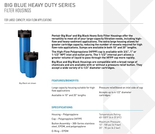 Pentair Pentek 150671 Big Black Filter Housing, 1" NPT #10 Whole House Heavy Duty Water Filter Housing with High-Flow Polypropylene (HFPP) Cap, 10 Inch, Black/Black