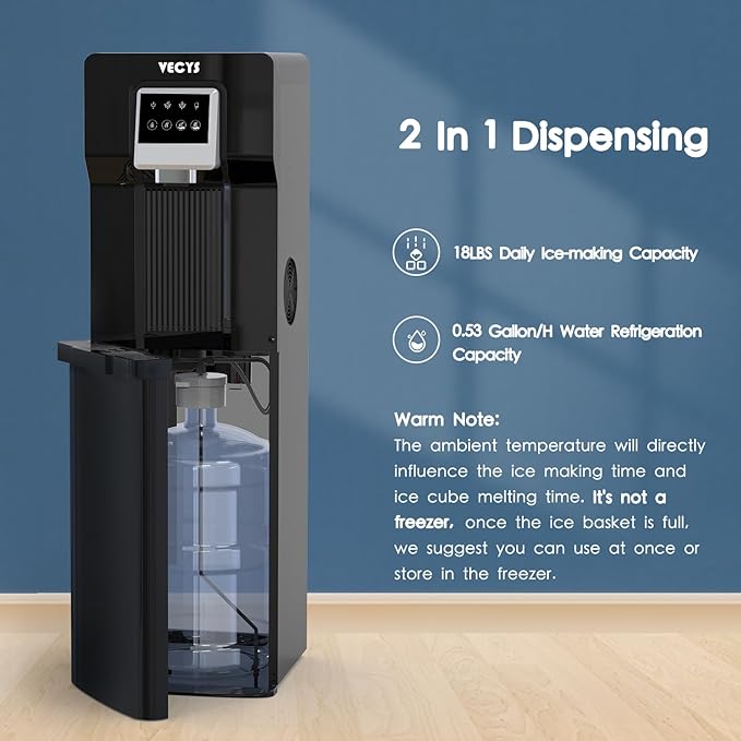 VECYS Bottom Loading Water Cooler with Ice Maker, Cold Water Supply with 18LBS Daily Ice Making, Compatible with 3 or 5 Gallon Bottles, Ideal for Home and Office (No Hot Water)