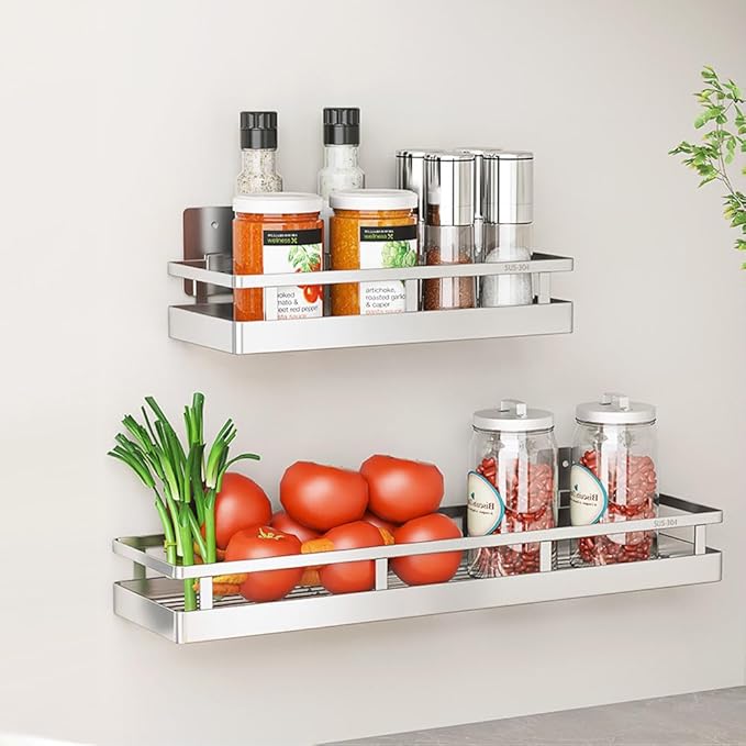 19.69Inch Spice Rack Organizer, SUS304 Stainless Steel Wall Mount Spice Rack Storage Basket, Kitchen Racks, Nail-Free Installation